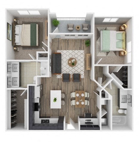 Floor plan for 2 beds, 2 baths, 1024 sqft